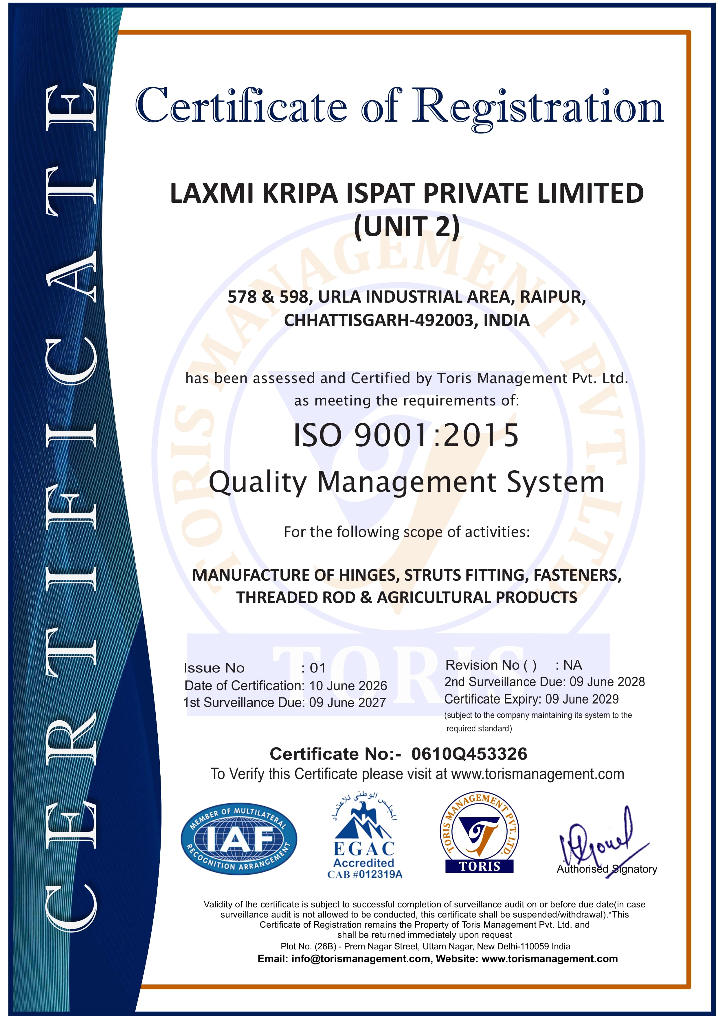 ISO 9001:2015 Quality Management System Certificate - Laxmi Kripa Ispat Private Limited (Unit 2)